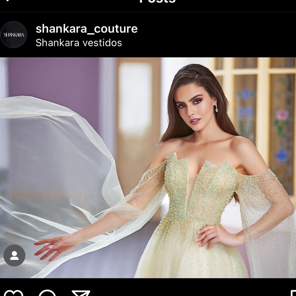 Shankara Couture Green Off-shoulder Cape Sleeved Prom Dress
